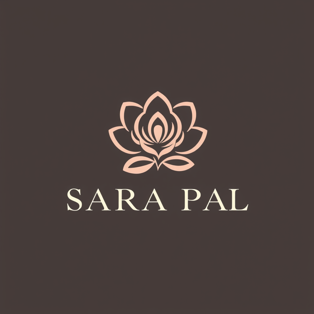 Main logo studio: SARA PAL, feminine cosmetics brand, delicate floral symbol integrated with elegant lettering, soft rose and beige, graceful, clean, luxurious