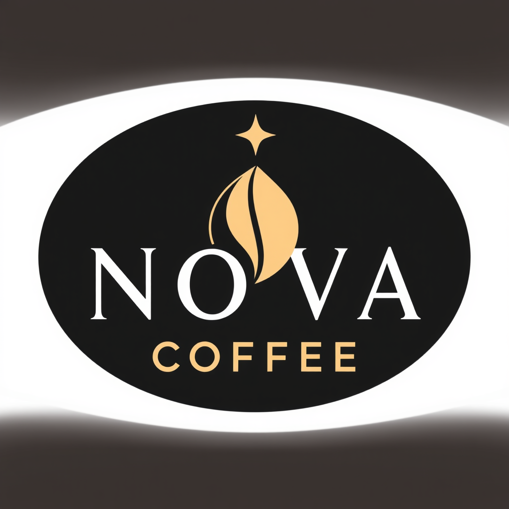 Main logo studio: Create a modern minimalist logo for a premium coffee brand called "NOVA COFFEE". Use a simple geometric coffee bean combined subtly with a star or sun