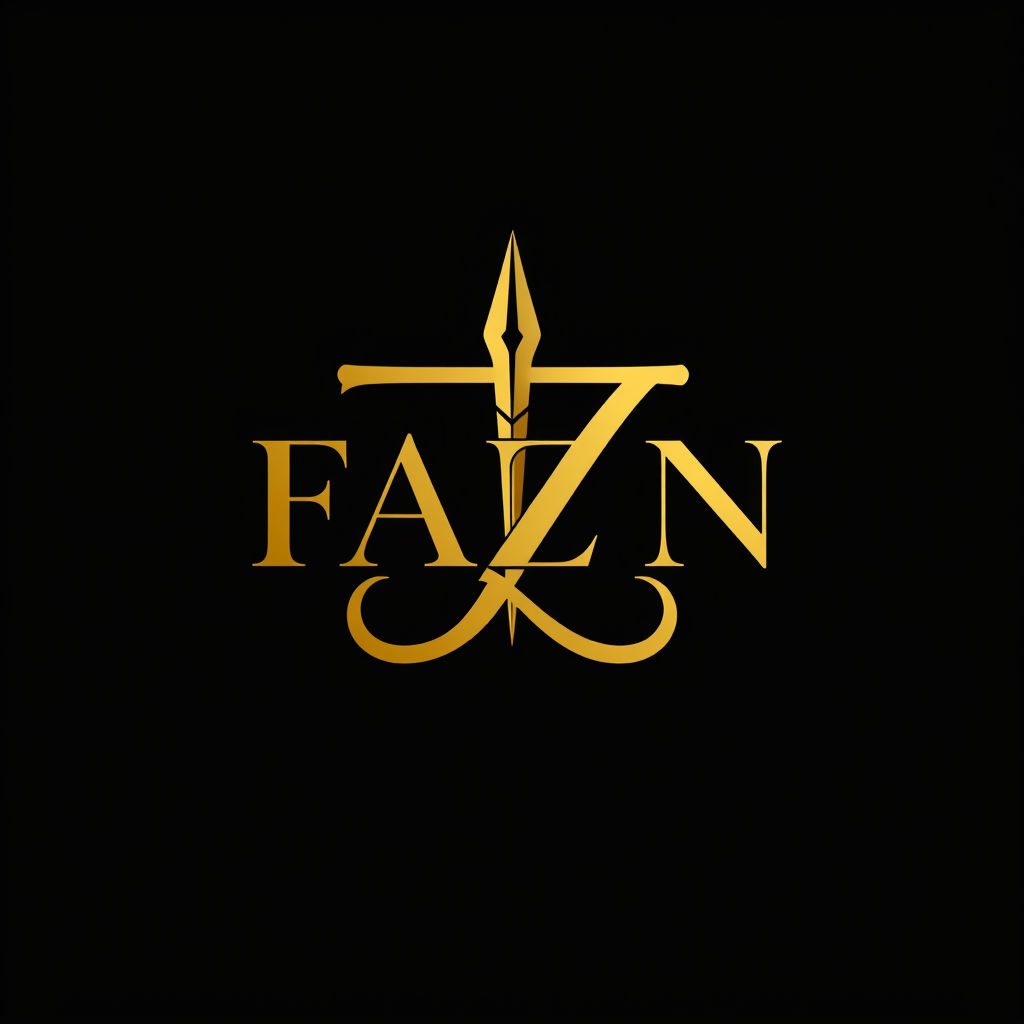 Main logo studio: ELEGANT SIGNATURE monogram logo combining letters FAZN gold, luxury brand “Create a logo for my brand named FAZN . background COLOR SHOULD BE BLACK. L