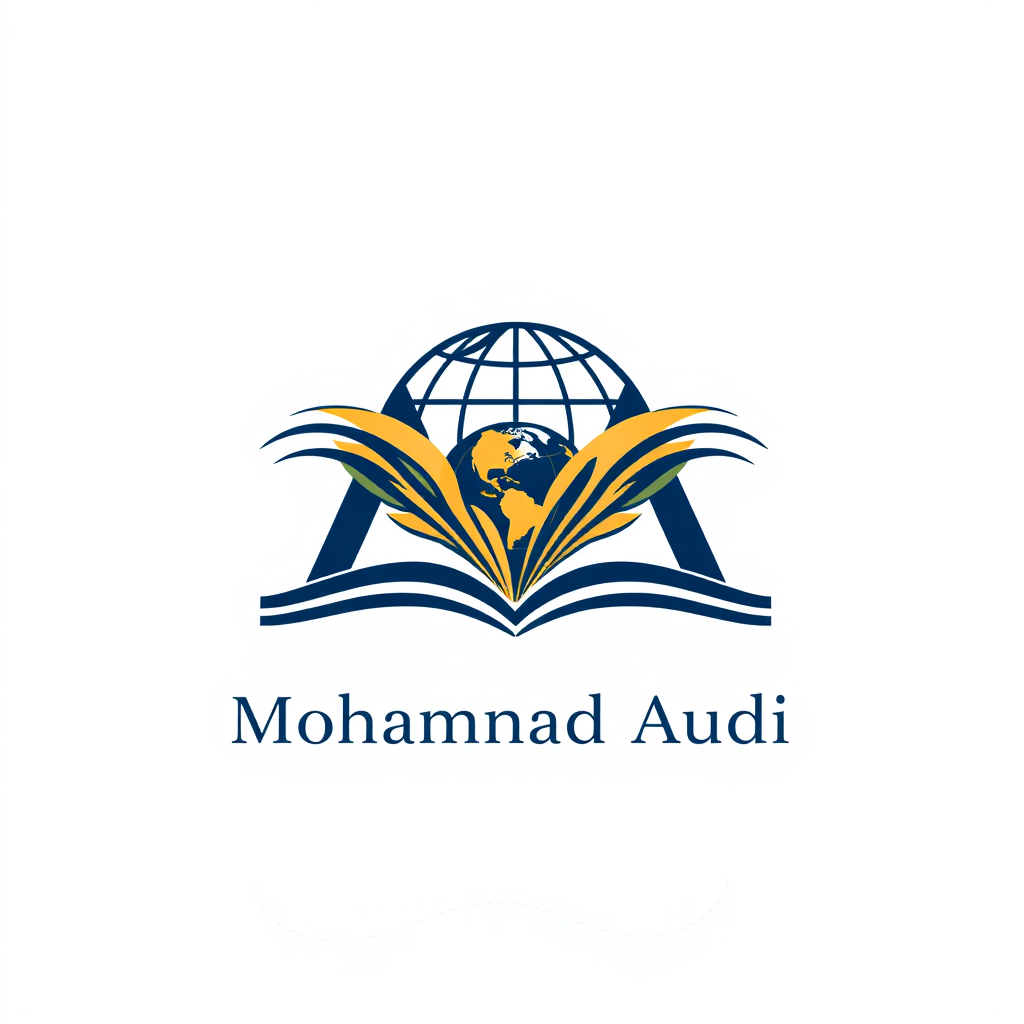 Main logo studio: Elegant logo for Mohammad Audi. Create a clean MA monogram with a small globe and flowing page shapes incorporated into the design. Deep navy blue and