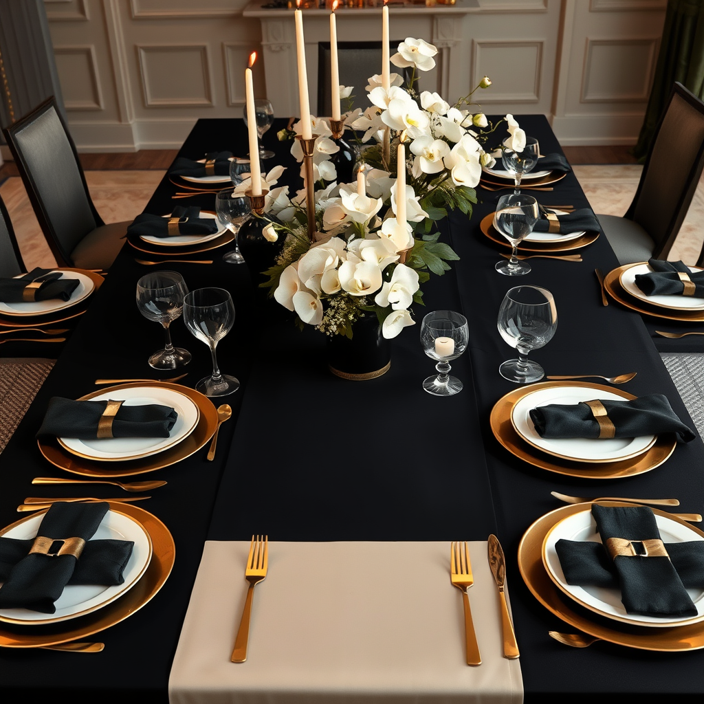 Main logo studio: Create an exceptionally elegant, photorealistic luxury dining table setting featuring a sophisticated black-and-gold color scheme. The scene should ev