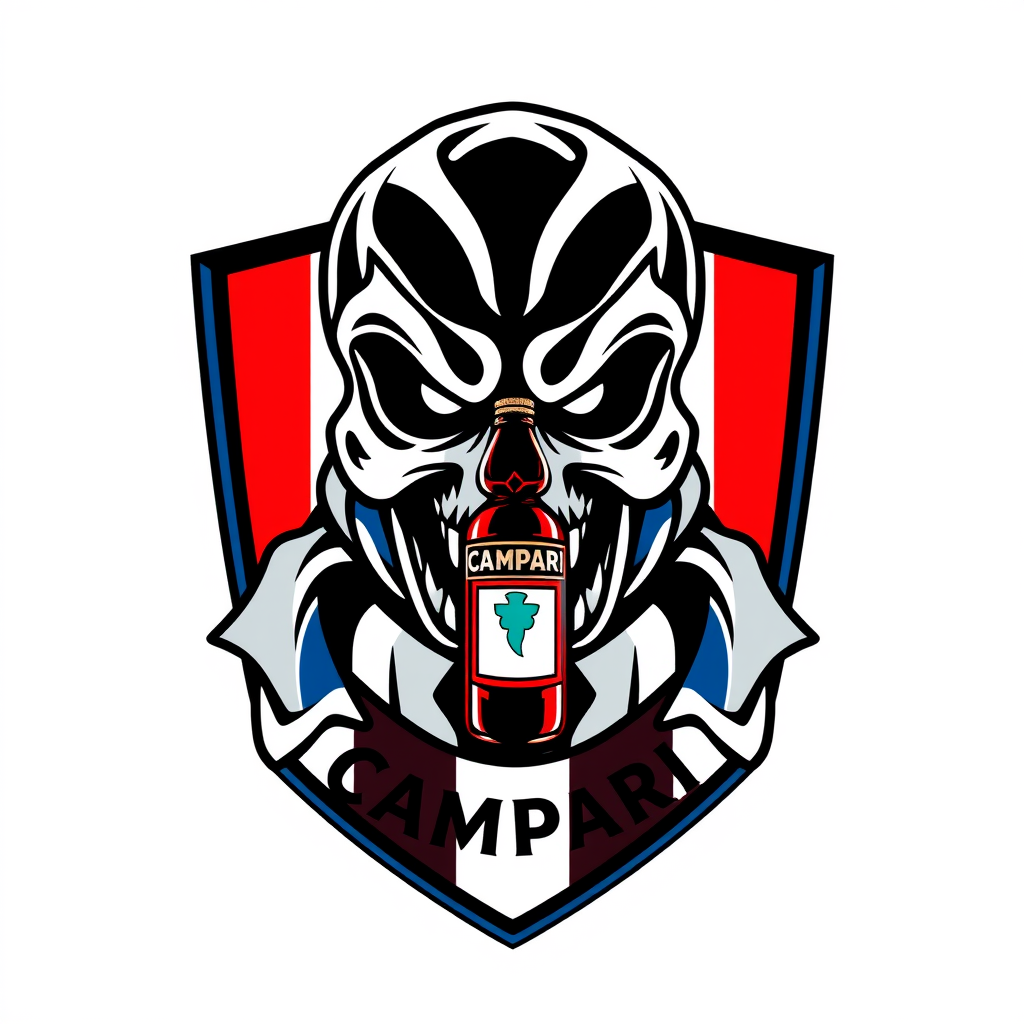 Main logo studio: Football team crest for “ATLETICO CAMPARI”, aggressive stylized skull wearing a football scarf, small Campari bottle integrated into the emblem, domin