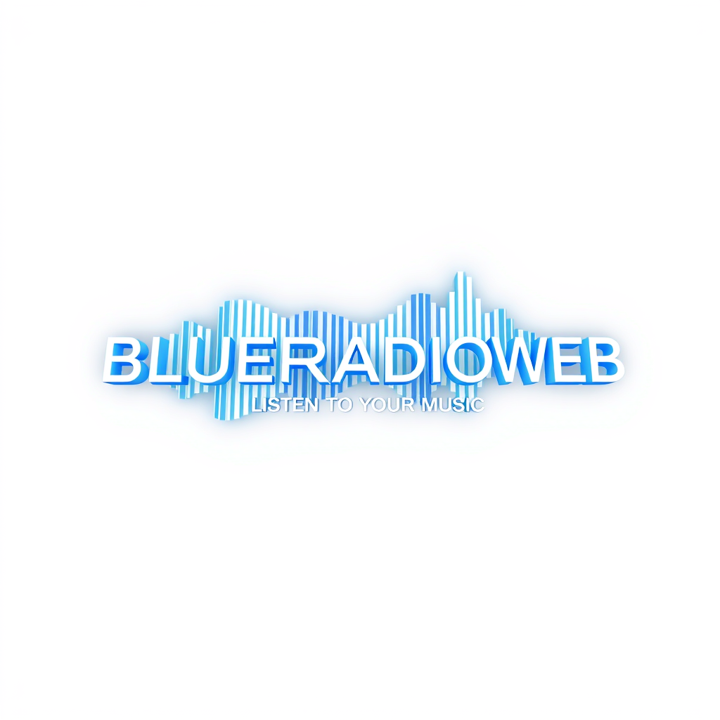 3D Logo idea: 3D logo for BLUERADIOWEB LISTEN TO YOUR MUSIC a music tech brand, 3D sound wave form, neon blue white , three-dimensional render, realistic depth and 