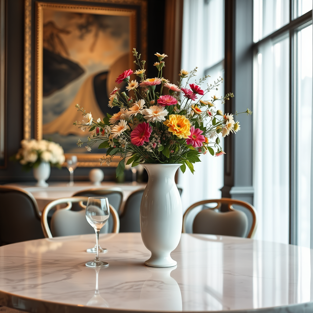 Main logo studio: a view of an elegant table with white vase in the center with flowers in it