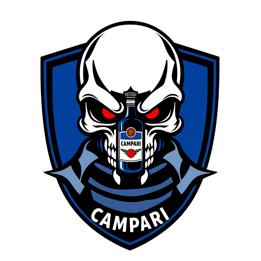 Main logo studio: Football team crest for “ATLETICO CAMPARI”, aggressive stylized skull wearing a football scarf, small Campari bottle integrated into the emblem, domin