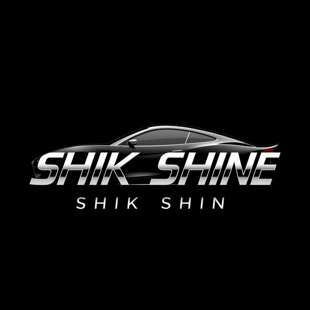 Main logo studio: SHIK SHINE — luxury automotive logo, sleek car silhouette integrated with the lettering, black and chrome silver, glossy metallic finish, elegant cust