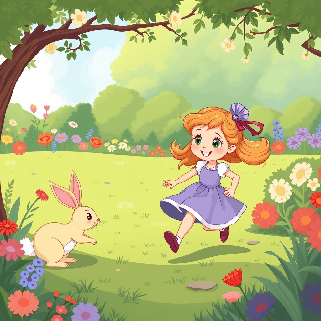 Main logo studio: Create a cartoon with beautiful little girl running chasing the rabbit in a garden