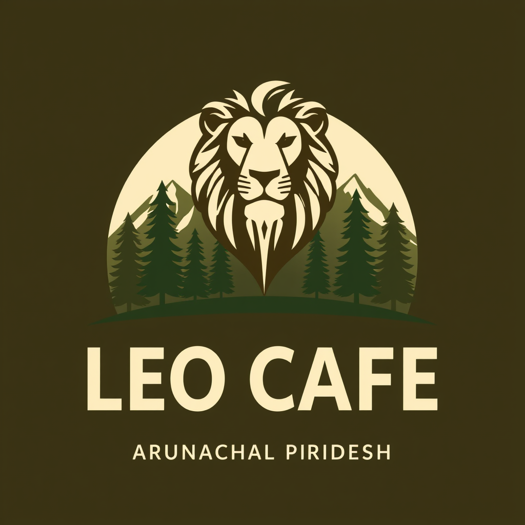 Main logo studio: Minimal premium logo for LEO CAFE, Arunachal Pradesh. Lion head with Himalayan mountains and pine trees, plus a clear coffee bean. Forest green, coffe