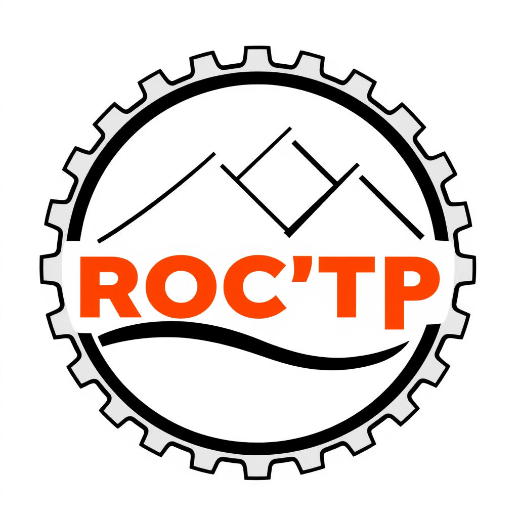 Main logo studio: nom ROC'TP entreprise terrassement logo forme engin mécanique