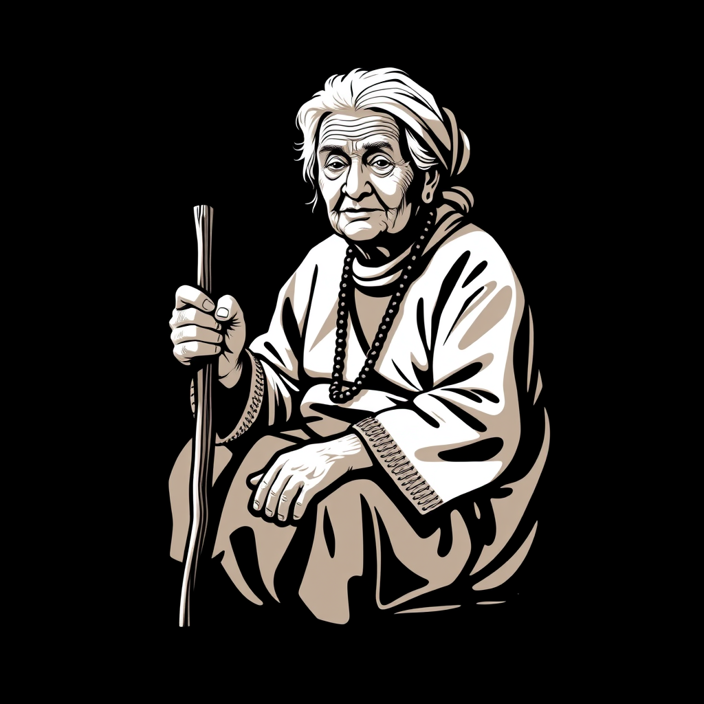 Main logo studio: Create a logo of an old grandmother sitting. Holding a stick. And the begron is white