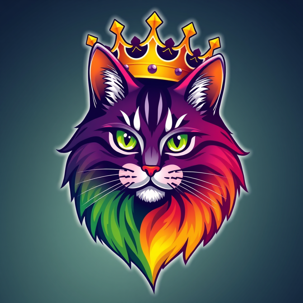 Main logo studio: Create a very beautiful rainbow cat logo. Crowned like a king.