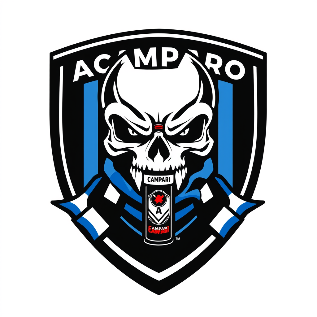 Main logo studio: Football team crest for “ATLETICO CAMPARI”, aggressive stylized skull wearing a football scarf, small Campari bottle integrated into the emblem, domin