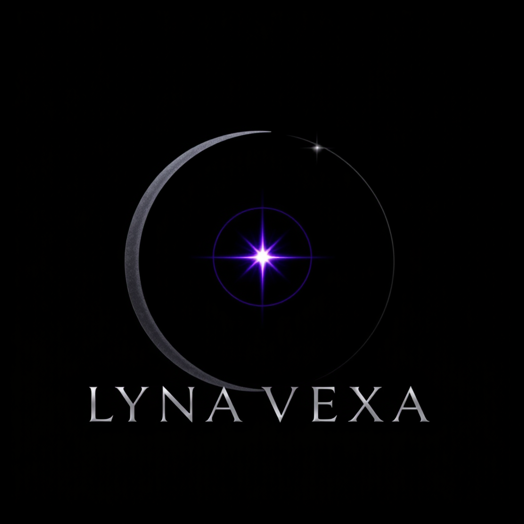 Main logo studio: LYNA VEXA — elegant dark cosmic logo, a thin crescent moon surrounding a mysterious glowing point of light, black background, metallic silver letterin