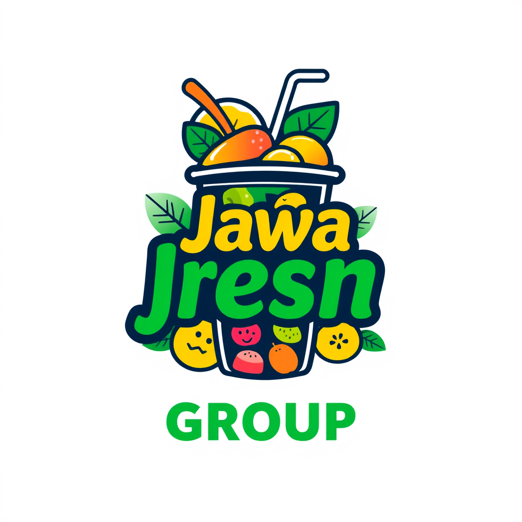 Main logo studio: Jawa Fresh Group, keep the same colorful fresh beverage emblem style. A stylized drink cup with tropical fruits and green leaves, vibrant but clean. M