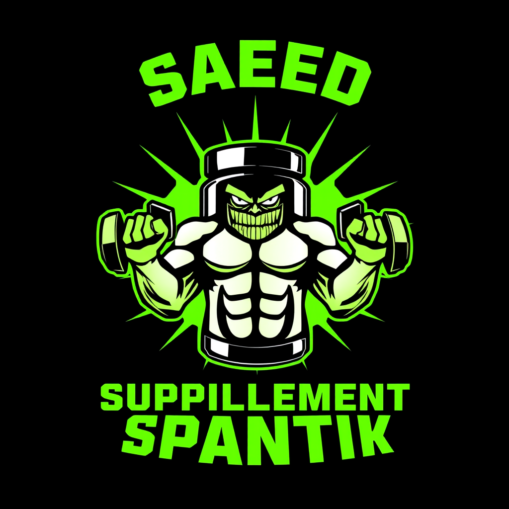 Main logo studio: Aggressive supplement logo, black and neon green. Muscular supplement jar holding two identical dumbbells, one in each hand. Symmetrical and clean des