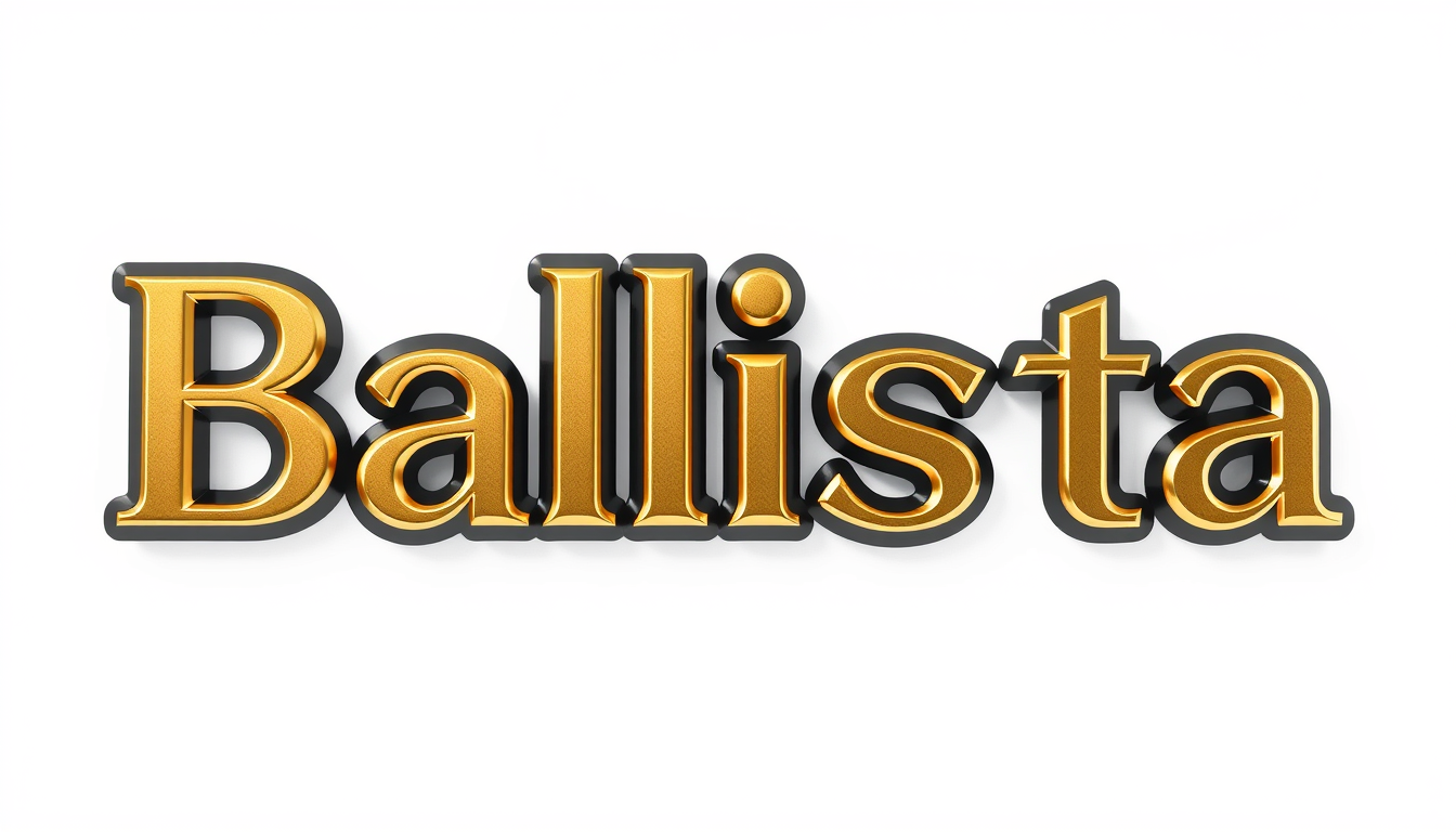 3D Logo idea: 3D logo for The exact word “Balista” 3D polished gold metal, black background. Spell Balista correctly. No extra text. , three-dimensional render, rea