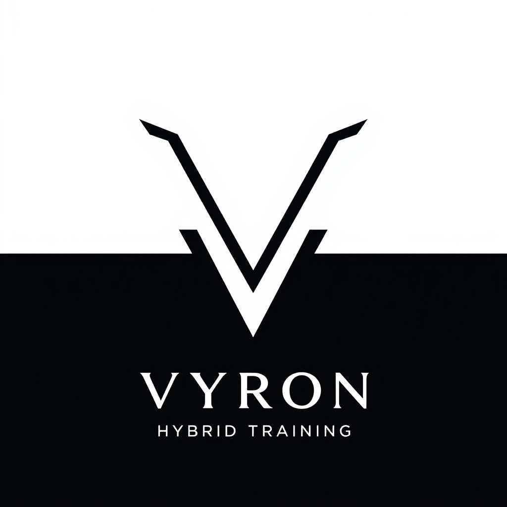 Main logo studio: Luxury black V logo, white background, bold unique V symbol, “VYRON” below, “HYBRID TRAINING” in small clean text, minimalist premium athletic brand, 