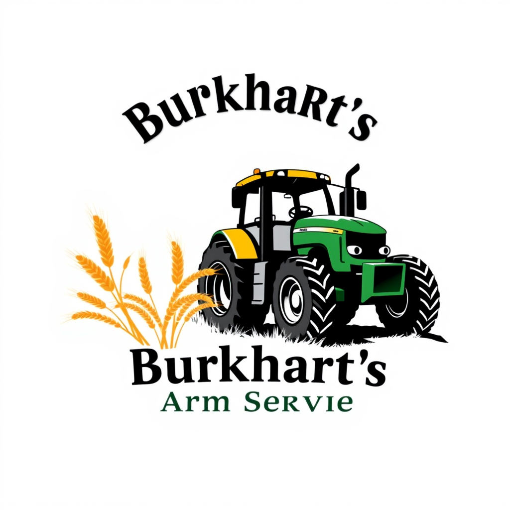 Main logo studio: Logo for farm equipment mechanic. Business name is Burkhart's Farm Service. Include a tractor and wheat.