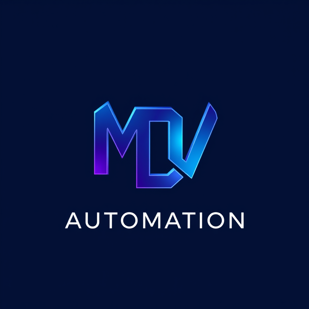 Main logo studio: Premium MDV Automation logo. Create ONE compact connected M+D+V monogram. Keep the M and D very close with minimal spacing, and connect the V directly