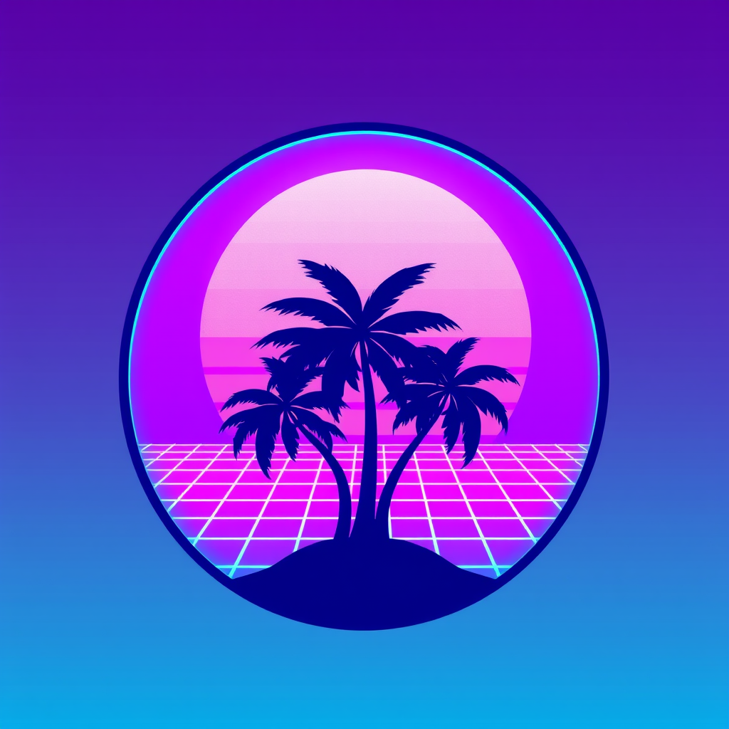 Main logo studio: Circular vector gaming badge logo, nostalgic 1980s retro synthwave aesthetic, tropical palm silhouettes with a neon wireframe sunset grid, an iconic r