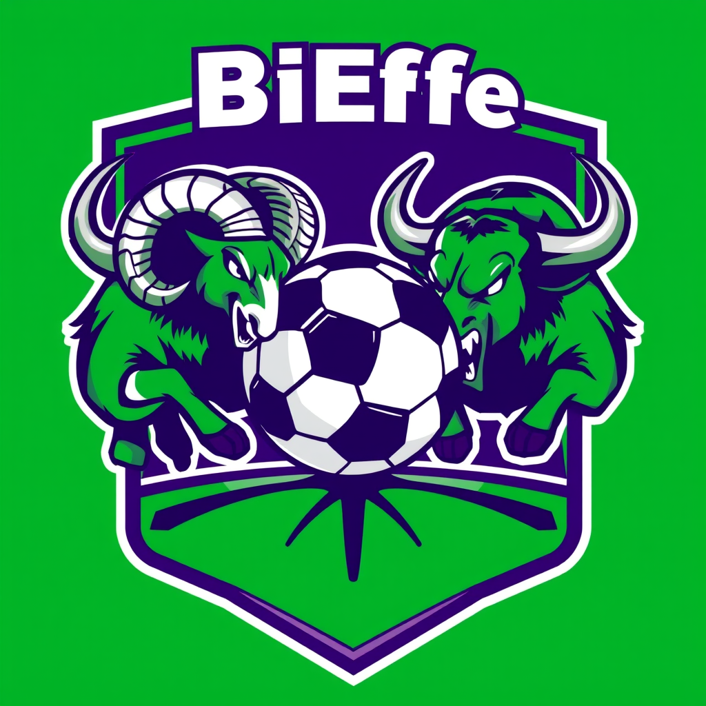 Main logo studio: Football team crest for “BiEffe”, in green and purple. A soccer ball is placed in the center, while a powerful ram on the left and a strong bull on th