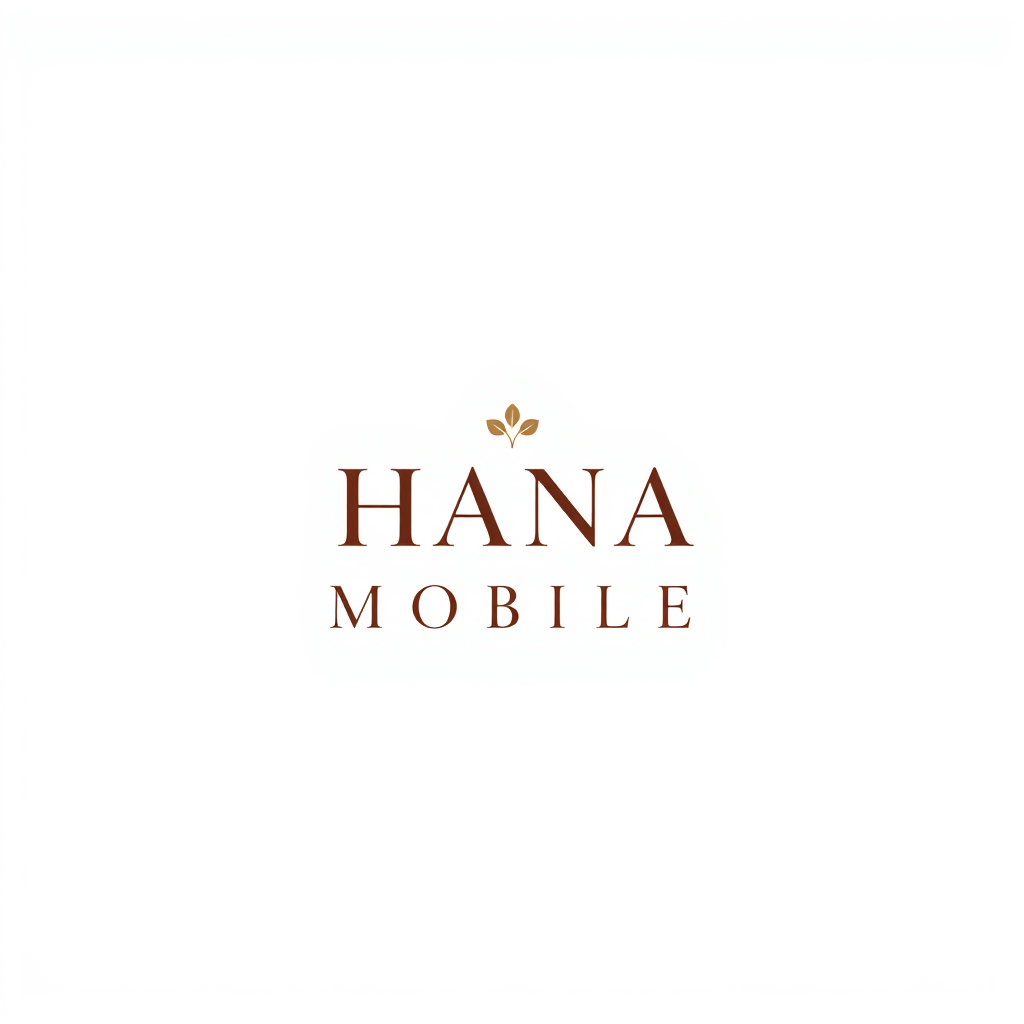 Minimalist Logo idea: minimalist logo, simple geometric mark for Minimal feminine logo for "HANA MOBILE", elegant serif font, cream background, dark brown text, tiny flower