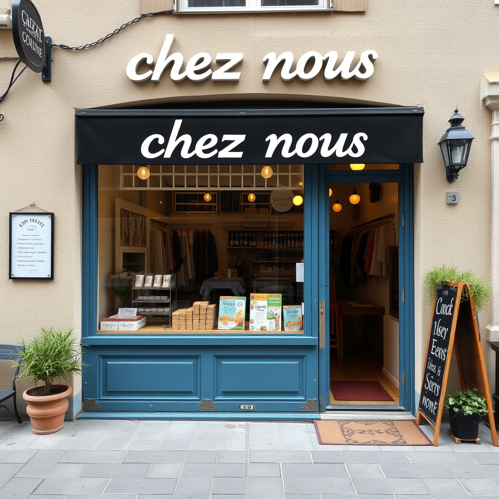 Main logo studio: Le nom de la marque: "Chez nous" Couleurs: bleus, marron, noires, beiges Thème: vente peutu manrefaire un autre presque pareille pas de la nouritur