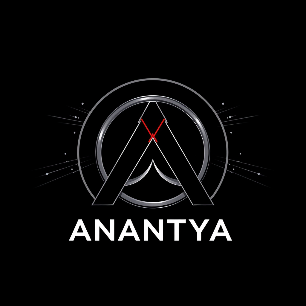 Main logo studio: ANANTYA logo for a technology event, inspired by the Marvel multiverse. Create an original abstract symbol using interconnected rings and dimensional 