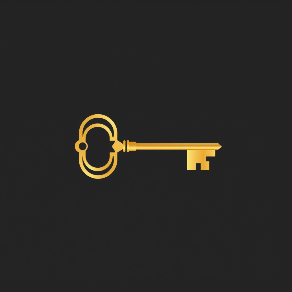Main logo studio: Create a minimalist vector logo. A single elegant gold line-art key on a matte black background. The bow is plain and symmetrical. The shaft is clean