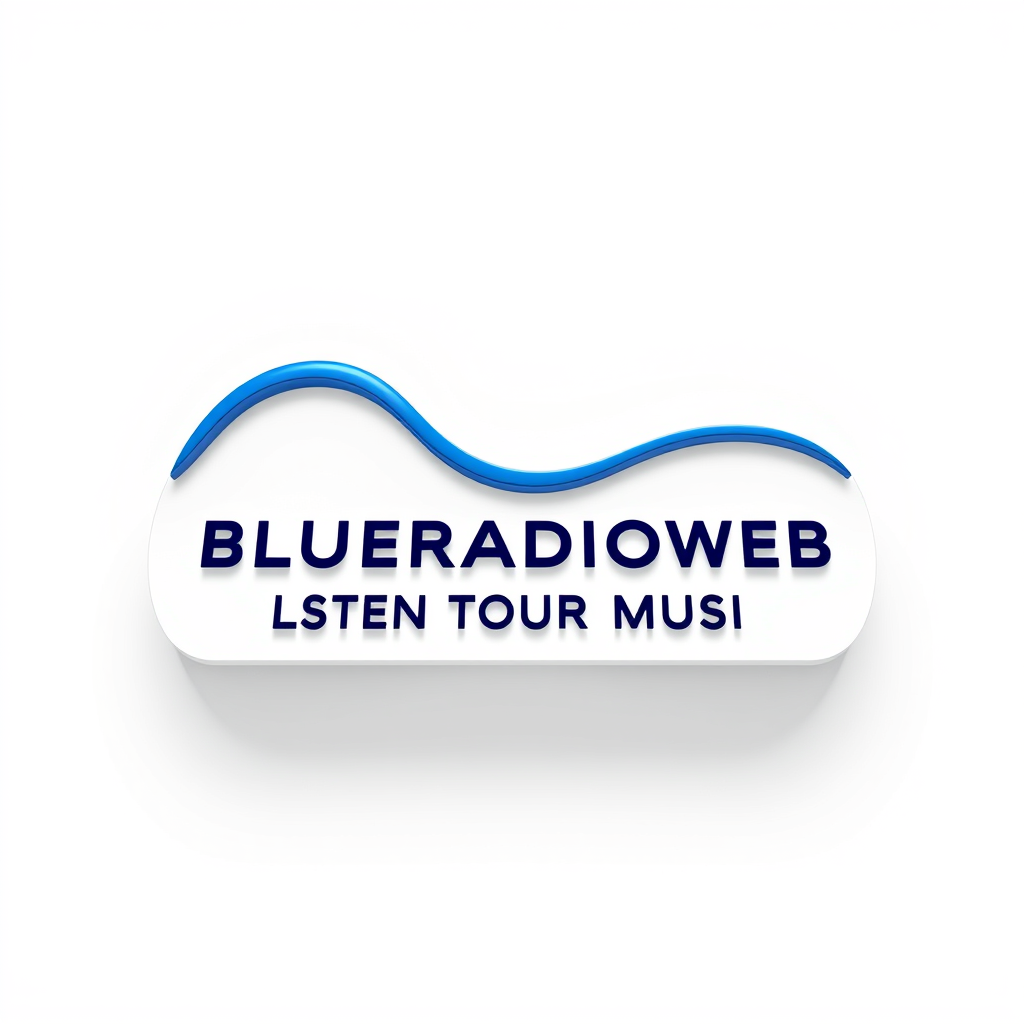 3D Logo idea: 3D logo for BLUERADIOWEB LISTEN TO YOUR MUSIC wave form white blue , three-dimensional render, realistic depth and shadows, glossy or metallic surface