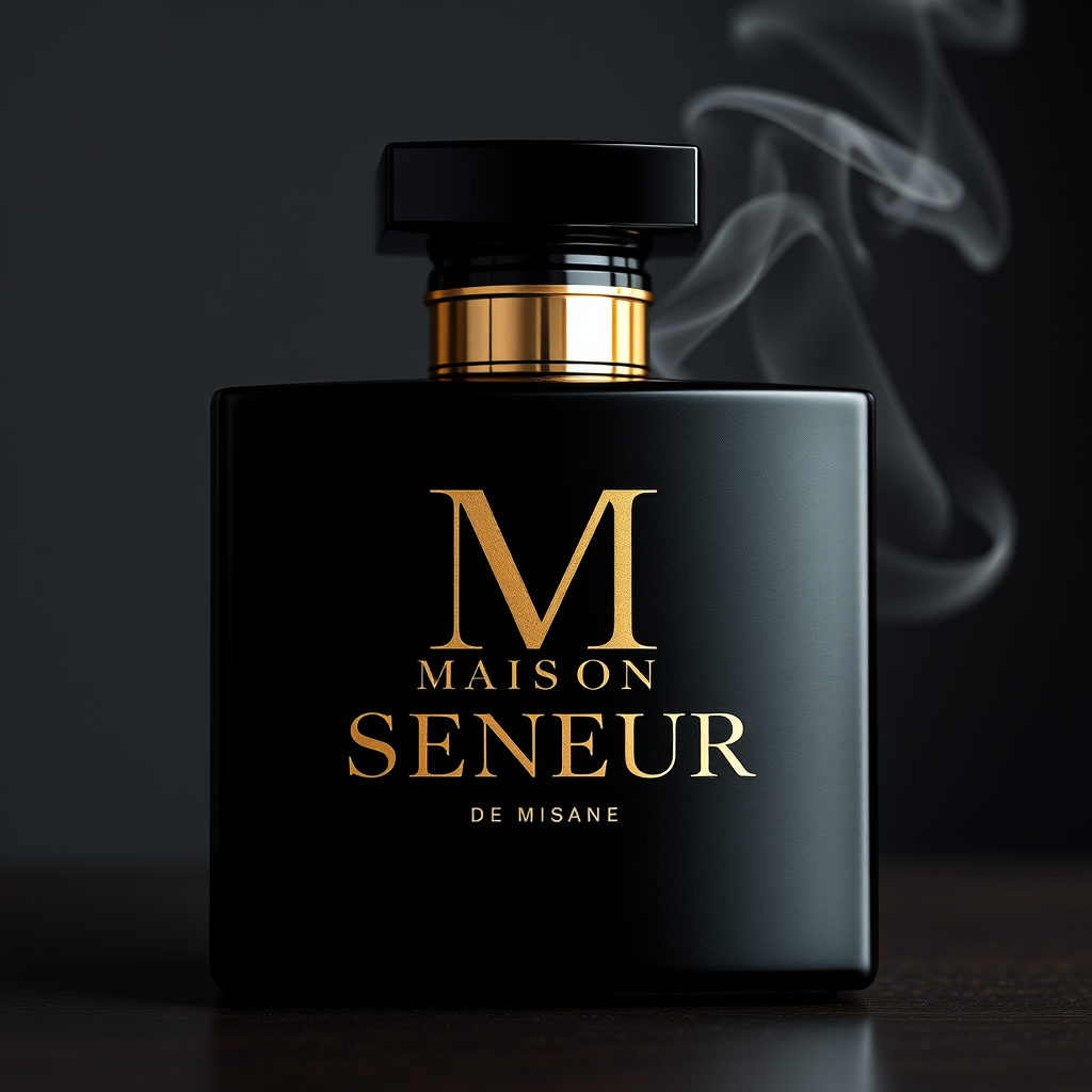 Main logo studio: The name is Maison de Seneur. its for parfume, men parfume. luxury and magic the slogan is smell the magic. add a parfume to the logo. maison with one