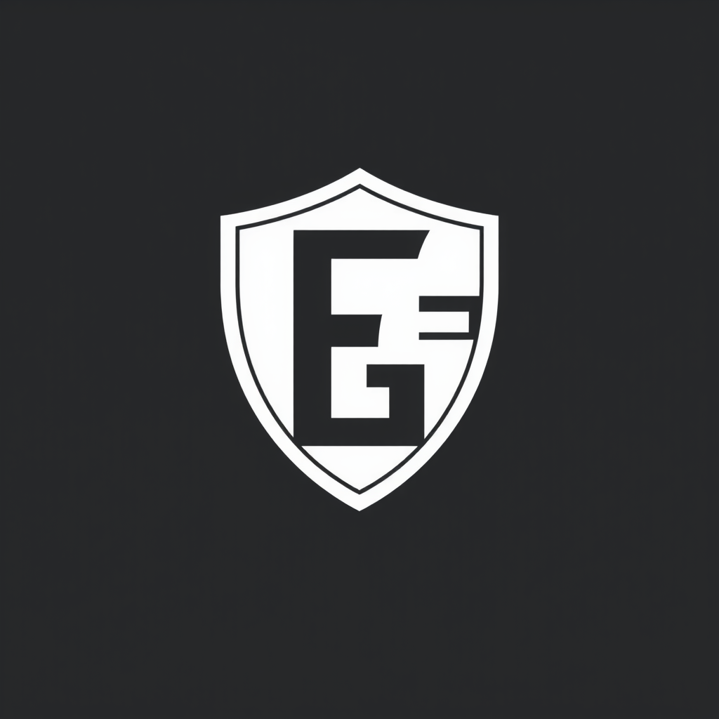 Main logo studio: Security company luxury minimalist monogram logo combining letters F and L, or FG, sleek modern surveillance lens or shield element, charcoal grey and