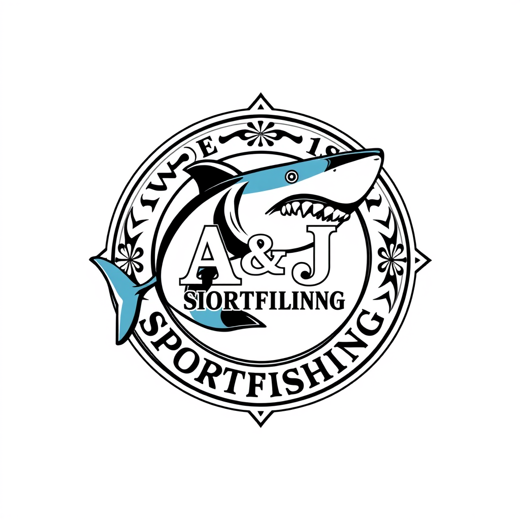 Emblem Logo idea: emblem logo of Make the shark look like it is eating the Exact text: A & J SPORTFISHING. , intricate crest seal badge design, symmetrical emblem, deta