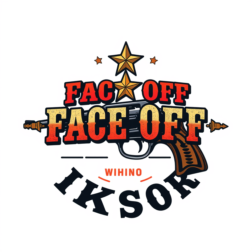 Vintage Logo idea: vintage retro logo for "Face Off with Iksor" With hollywood western style. For a vintage comic book. A colorful logo with gun, western font and a sher
