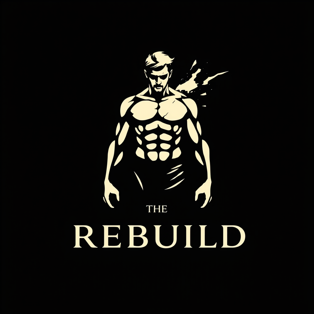 Main logo studio: Iconic luxury logo for THE REBUILD. One broken, battle-worn human figure gradually emerging into a stronger, refined version of himself — symbolizing 