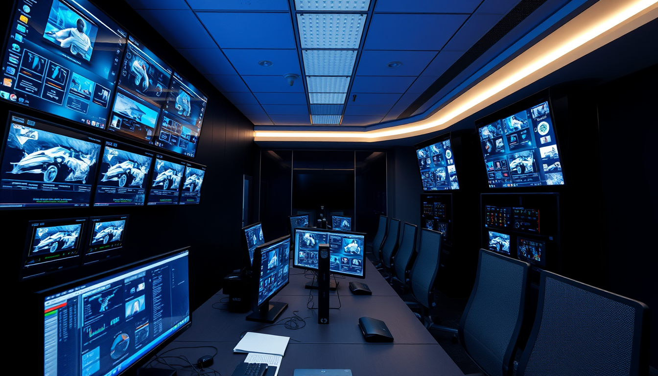 Main logo studio: Cybersecurity professional monitoring digital security systems, dark modern office, multiple screens, realistic photography, professional atmosphere