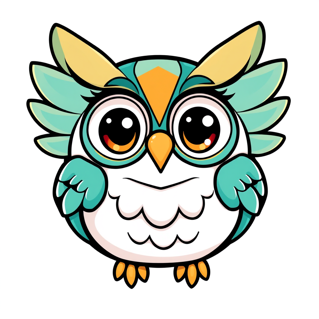 Cartoon Logo idea: cartoon style logo for Cute cartoon owl mascot, big expressive eyes, friendly smile, teal feathers, golden accents, Ancient Greece theme, clean 2D sty