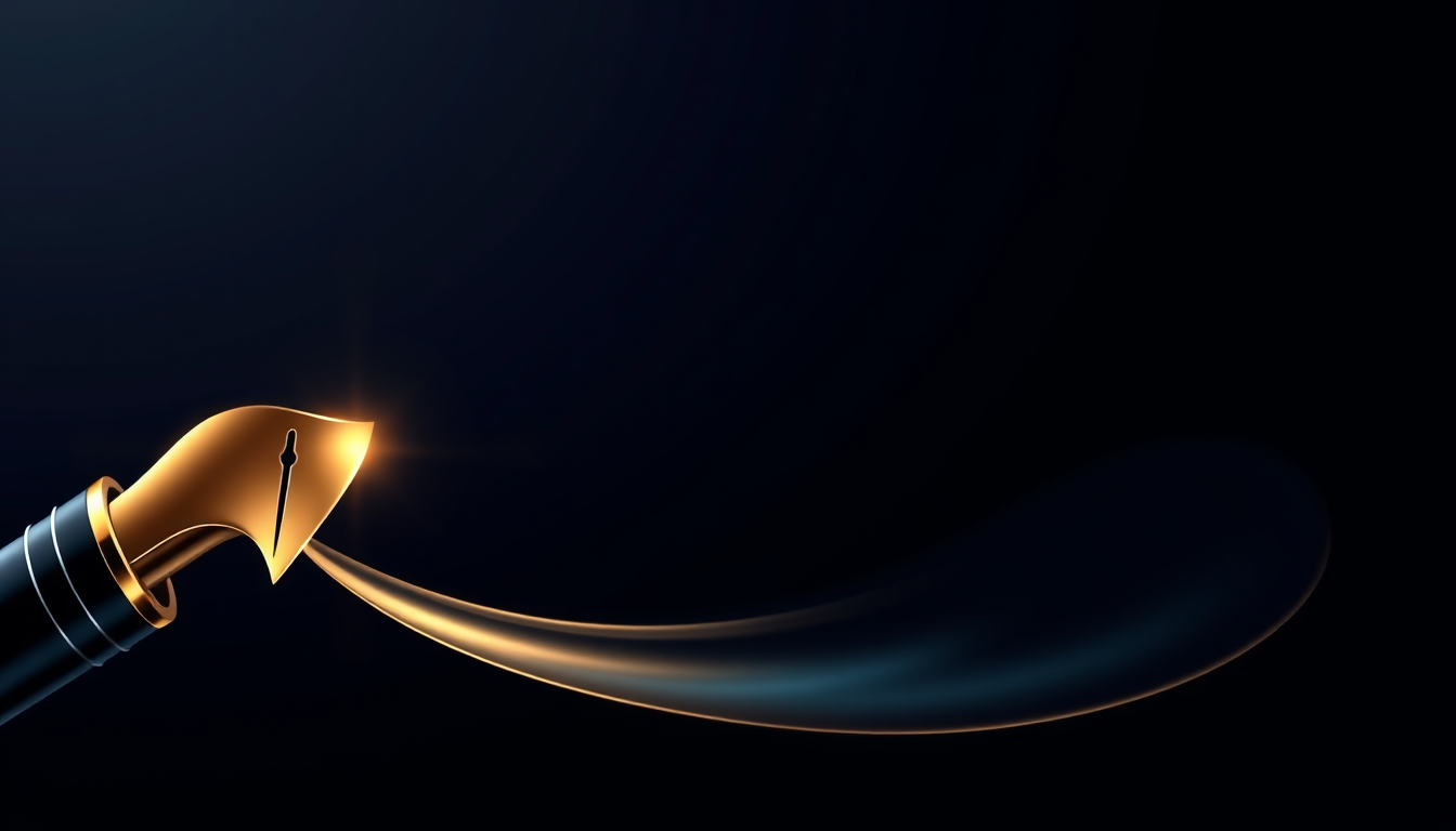 Main logo studio: Premium 2560x1440 YouTube banner matching a minimalist pen-nib logo. A large elegant fountain pen nib on the LEFT, releasing a smooth glowing ink stro
