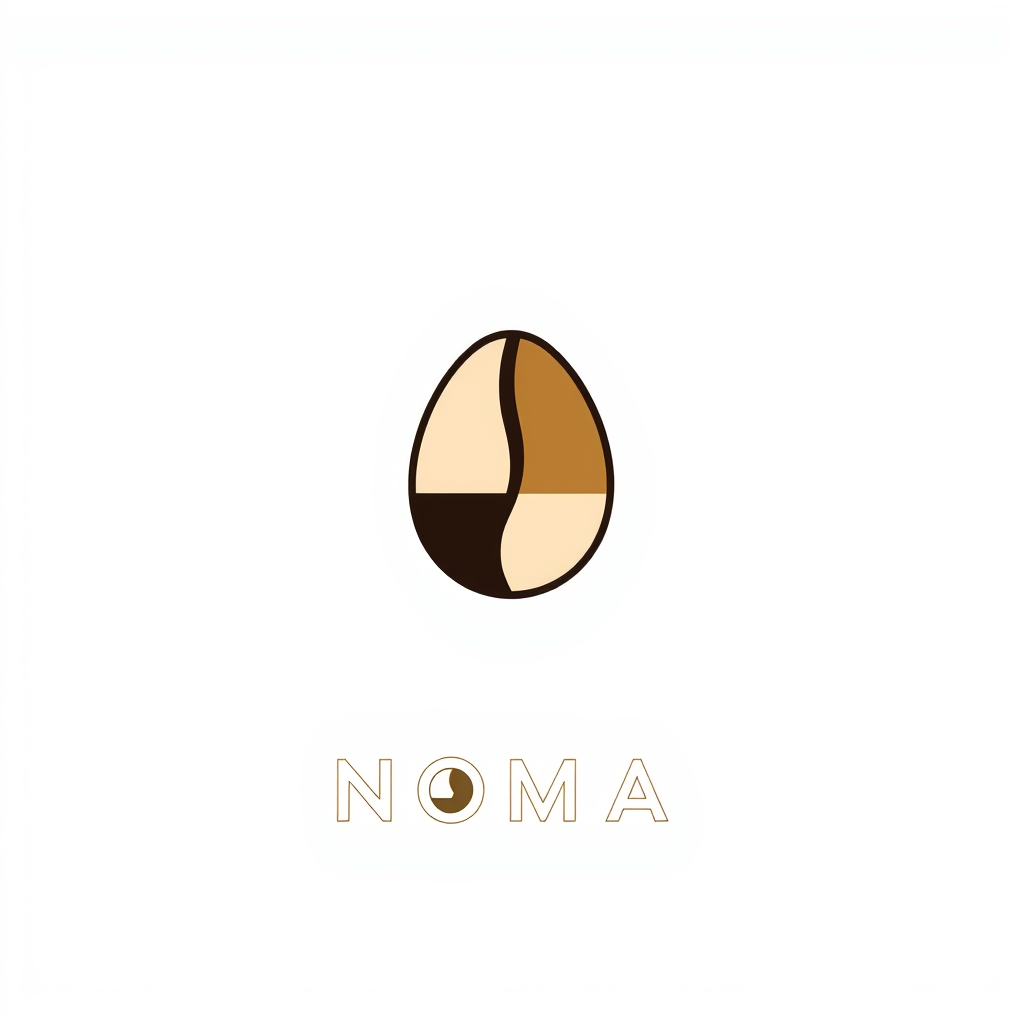 Main logo studio: Create a sophisticated logo for a fictional specialty coffee brand called “NOMA”. Design a distinctive abstract symbol combining a coffee bean with su