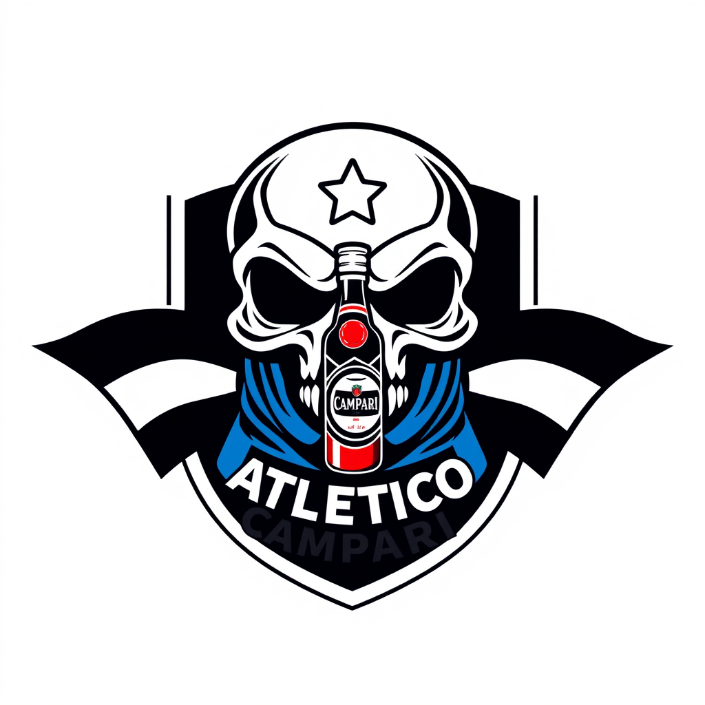 Main logo studio: Football team crest for “ATLETICO CAMPARI”, aggressive stylized skull wearing a football scarf, small Campari bottle integrated into the emblem, domin