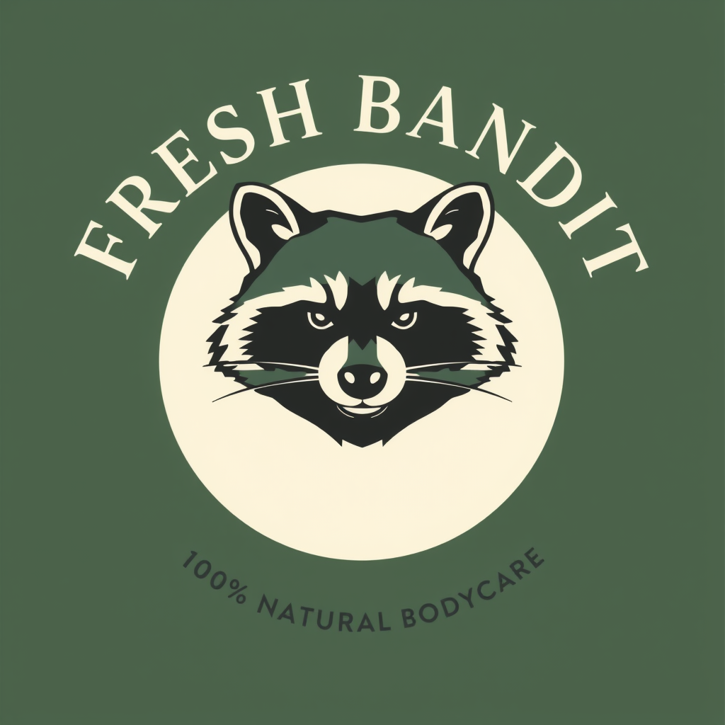 Main logo studio: Create a premium, timeless vector logo for “FRESH BANDIT”, a modern 100% natural bodycare brand. Use a sophisticated front-facing raccoon head with a