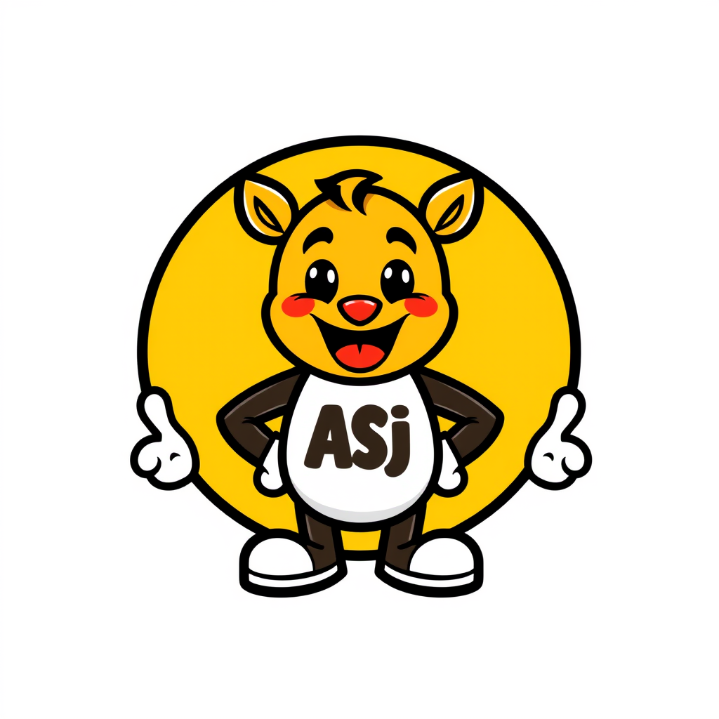 Mascot Logo idea: mascot logo of Asj , friendly character illustration, bold outlines, expressive mascot design, flat vector logo, centered, solid white background, hig