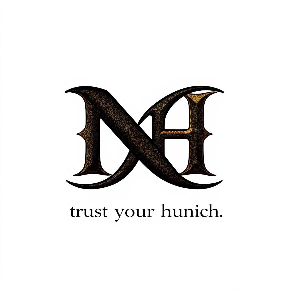 Lettermark Logo idea: lettermark logo of the letters Nox and Hunch, NH, a digital psychological gaming startup, gothic texture, elegant intertwined mysterious logo, black g