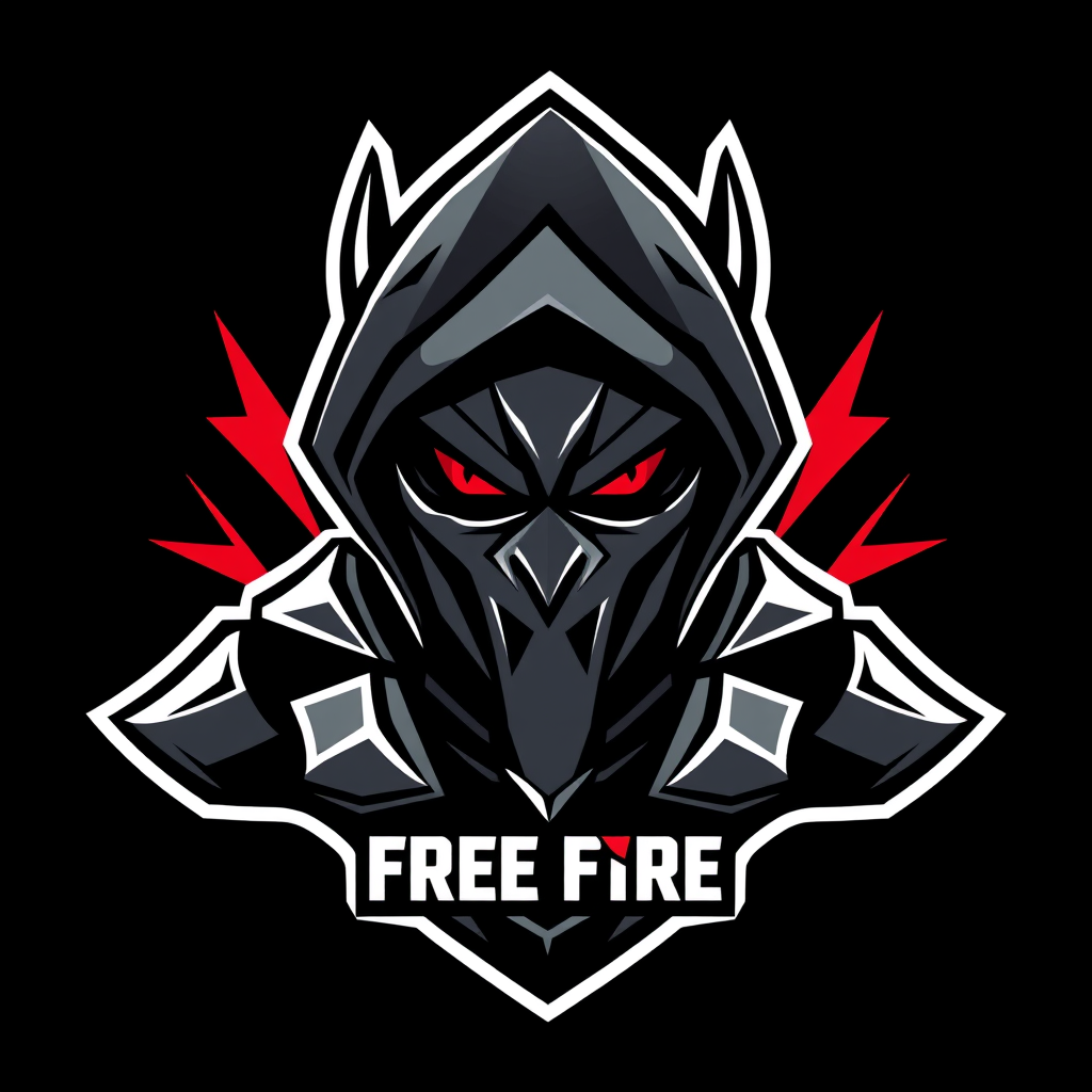 Mascot Logo idea: mascot logo of Create a premium, original Free Fire esports mascot logo for a competitive gaming brand. Design a powerful, intimidating shadow assassi