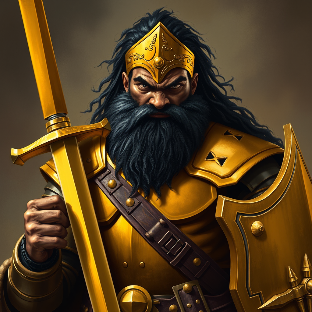 Main logo studio: Dark African American warrior man, tall, with black hair and full black beard, fully clothed in gold shiny armor, with a gold sword in one hand, and a