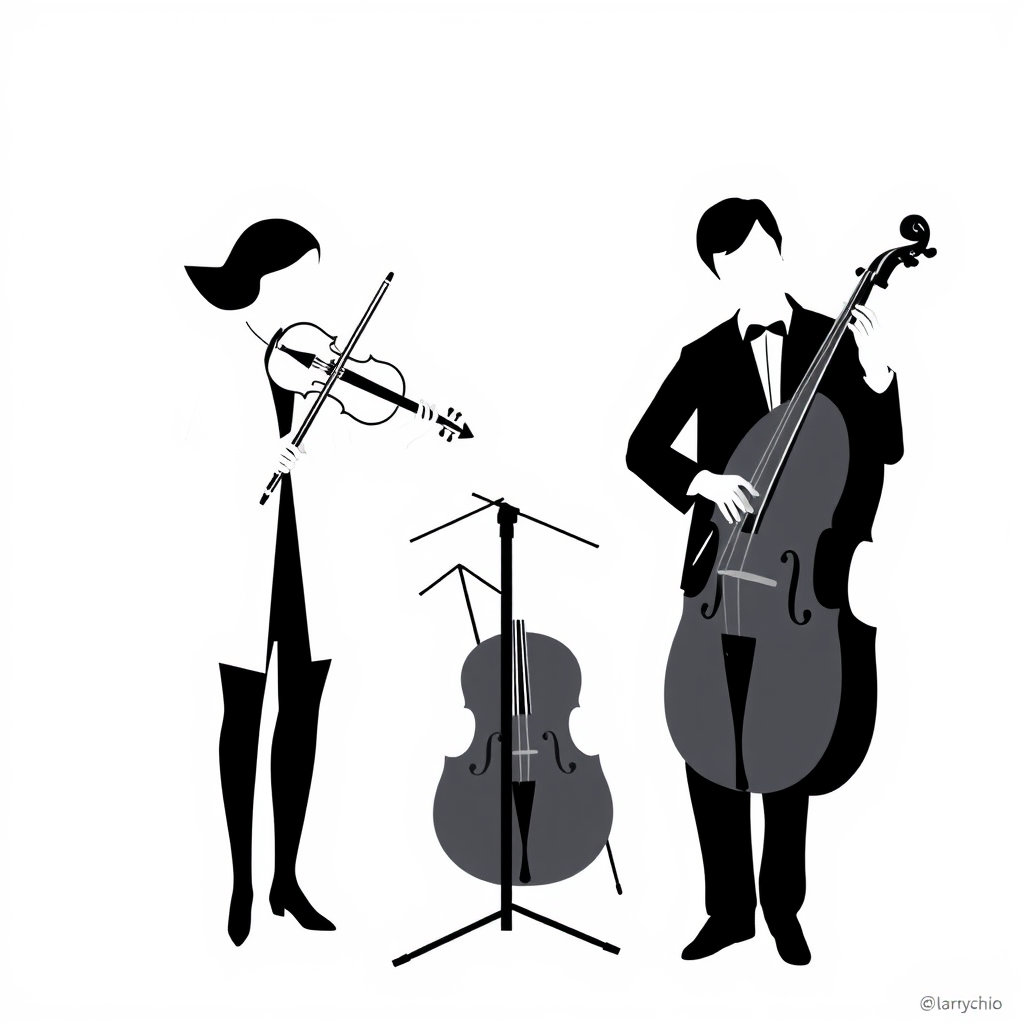 Main logo studio: Kammerkonzertverein Neubrandenburg, klassische Musik, vier Streichinstrumente, modern, wenige graphische elemente, keine Schrift, schwarz-weiß, Bauhau