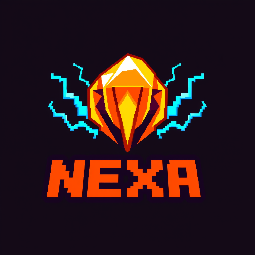 Main logo studio: Minecraft server logo, pixel art style, a glowing orange electric crystal in the center with blue energy surrounding it, dark purple and black backgro
