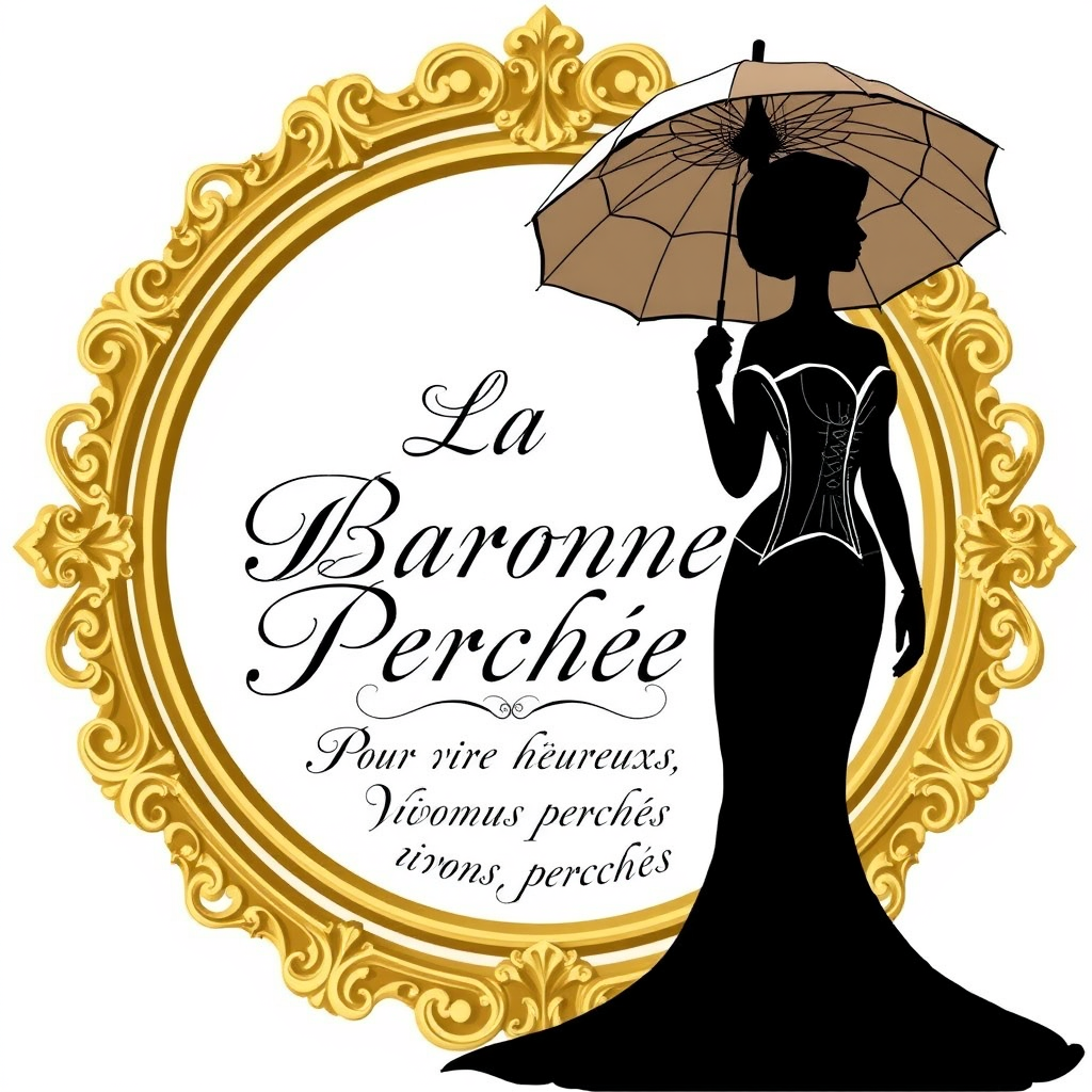Main logo studio: Crée un logo élégant. Un cadre doré rococo. Au centre : « La Baronne Perchée » en écriture manuscrite calligraphiée, lisible. En dessous, en calligrap