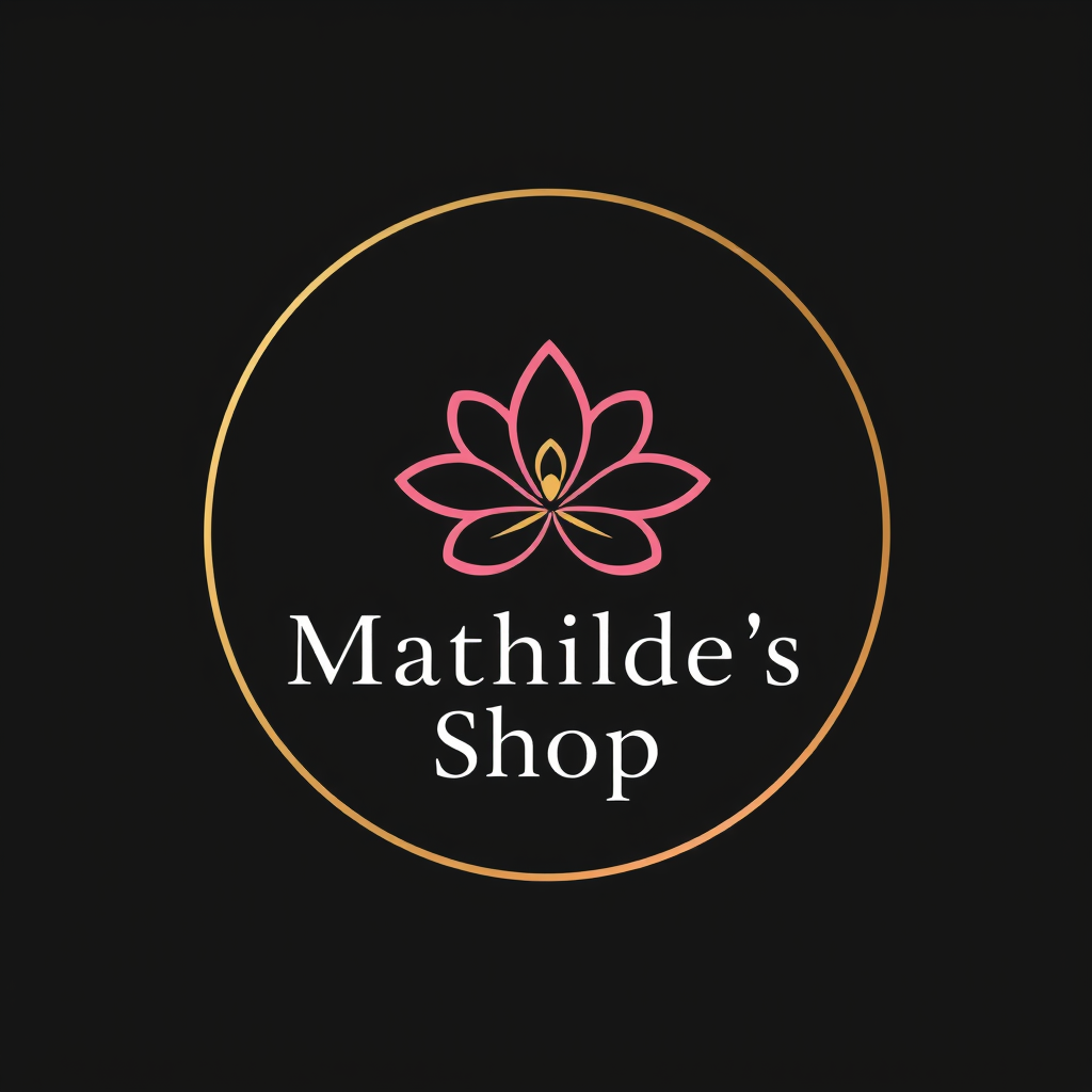 Main logo studio: Elegant jewelry shop logo, one-line flower inside a circle, pink, black and gold, cute and luxurious. Text: “Mathilde’s Shop” the tekst is undre and i