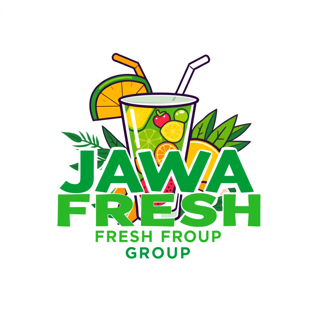 Main logo studio: Jawa Fresh Group, colorful modern beverage logo with a fresh fruit drink cup. TEXT MUST READ EXACTLY “JAWA FRESH GROUP”. Keep all three words separate